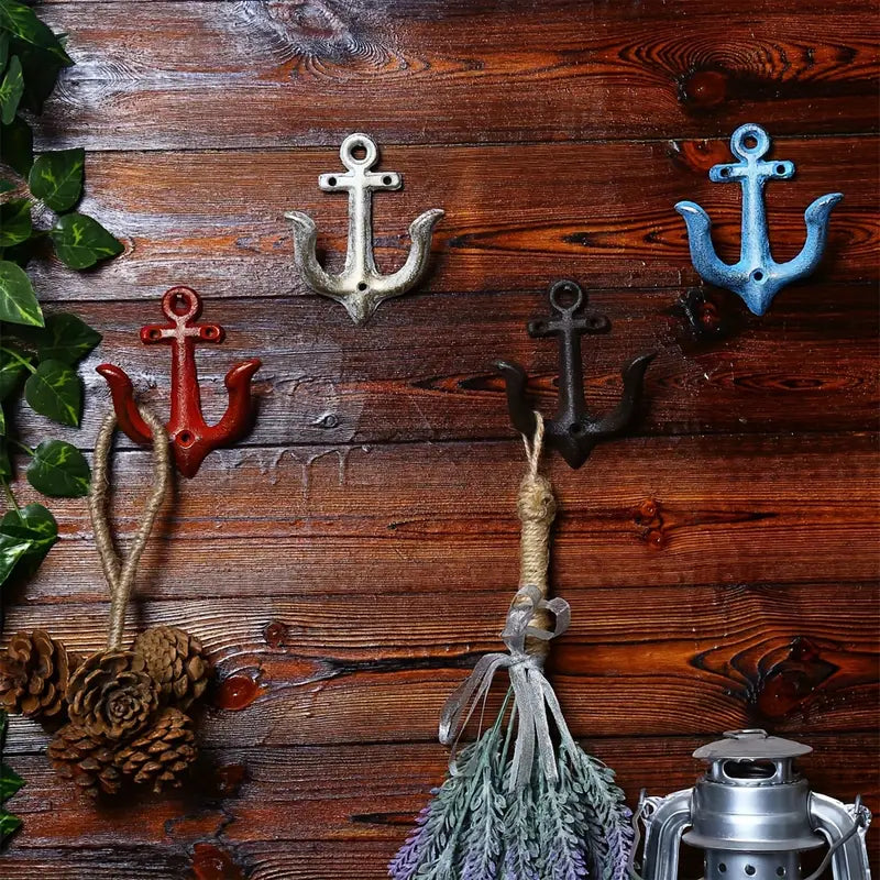 Cast Iron Nautical Anchor Wall Hooks - Red (2-Pack) Colours Available
