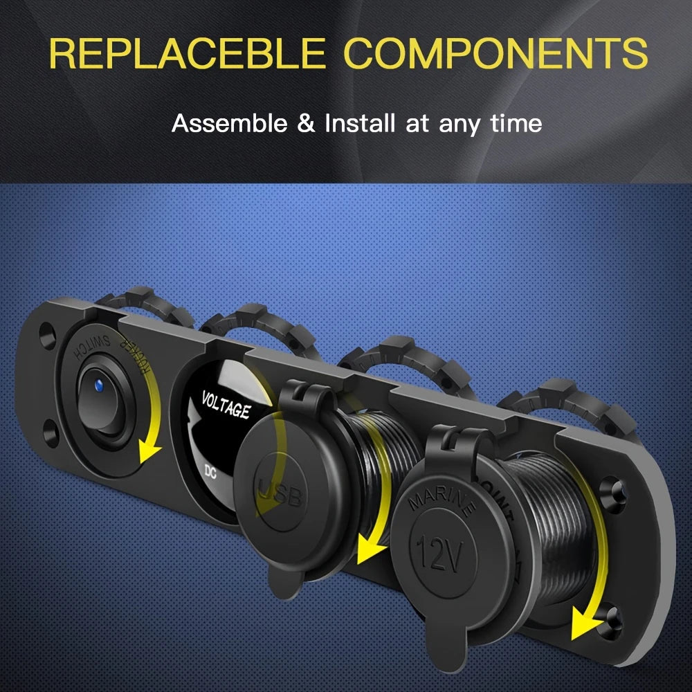 4-in-1 Charger Socket Panel - PD Type C, QC 3.0, LED Voltmeter