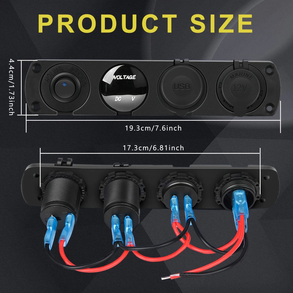 4-in-1 Charger Socket Panel - PD Type C, QC 3.0, LED Voltmeter