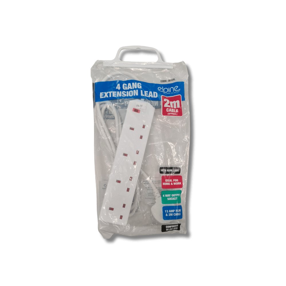 Elpine 4 Gang Extension Lead with Neon Light (10m Cable 13A Plug 250V AC)