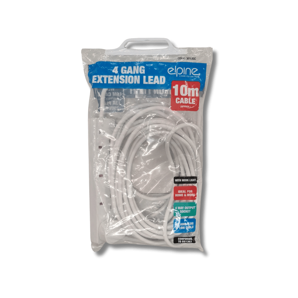 Elpine 4 Gang Extension Lead with Neon Light (10m Cable 13A Plug 250V AC)