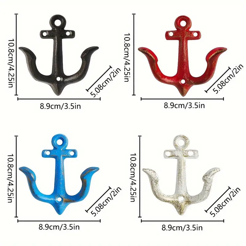 Cast Iron Nautical Anchor Wall Hooks - Red (2-Pack) Colours Available