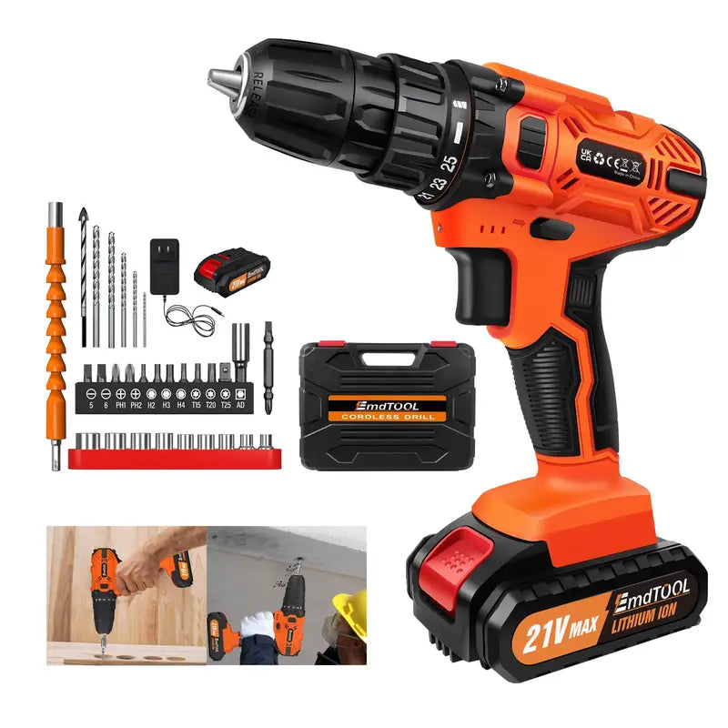 Cordless Drill Set- with Battery, Charger &  Attachments