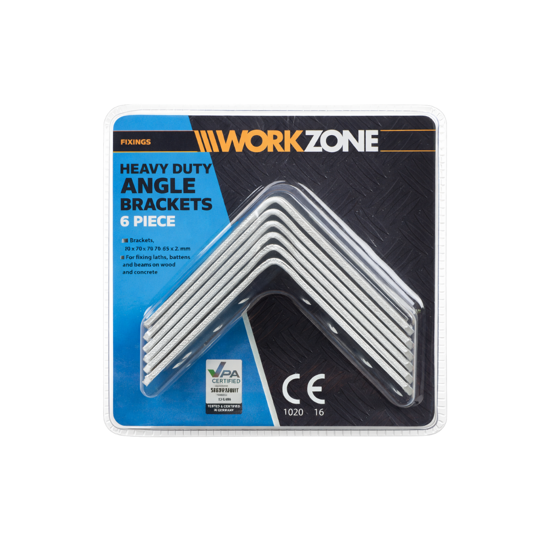 Workzone Heavy Duty Angle Brackets Set – 6 Piece Galvanised Fixing Brackets (70 x 70 x 55mm)