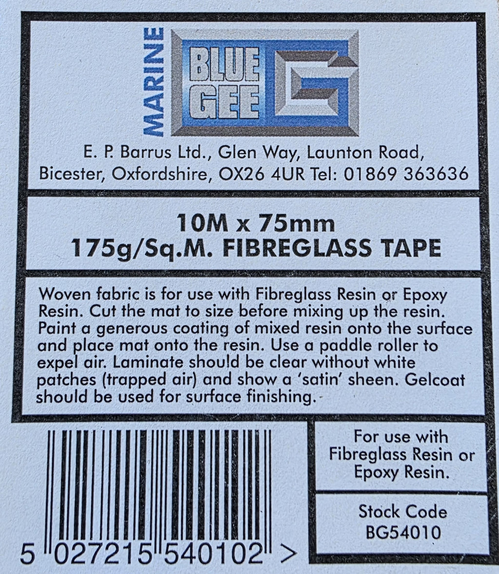 Blue Gee BG54010 Fibreglass Tape 10m x 75mm 175g/m² Marine Resin Matting