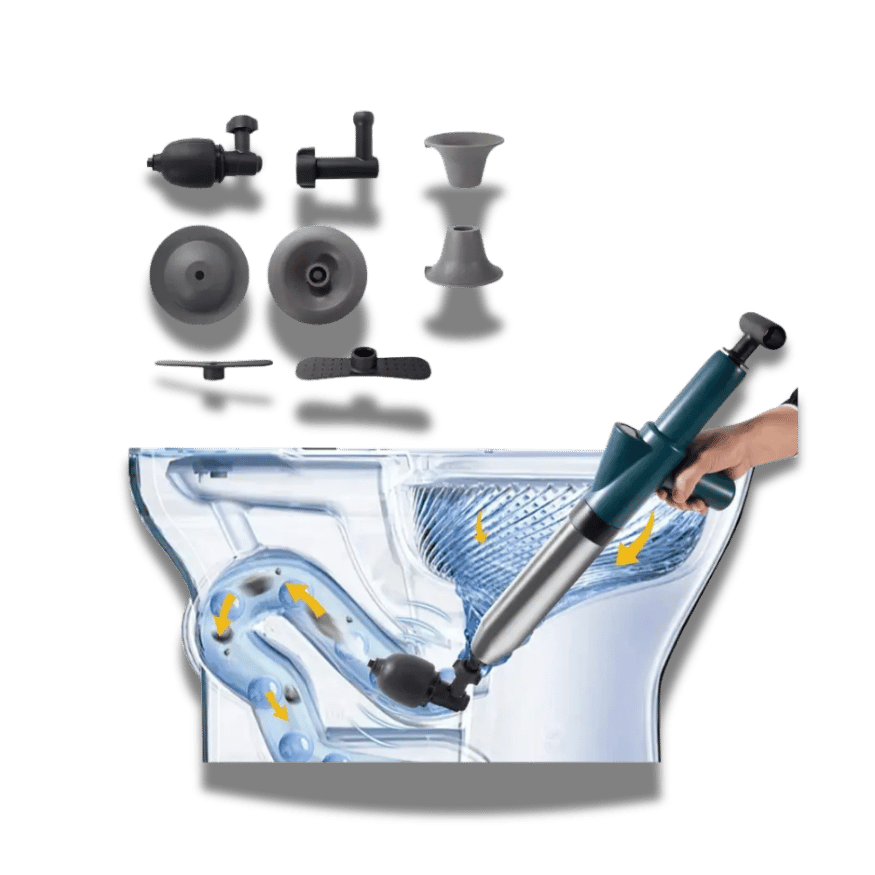 Rotating Toilet Plunger with 4 Interchangeable heads – Green