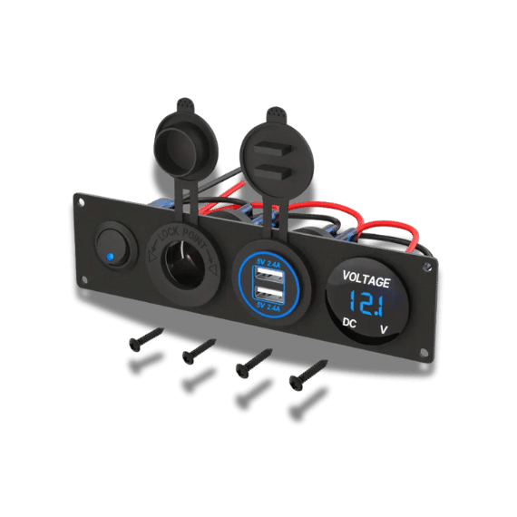 4-in-1 Aluminum Panel - Dual USB, LED Voltmeter, Cigarette Lighter, Toggle Switch