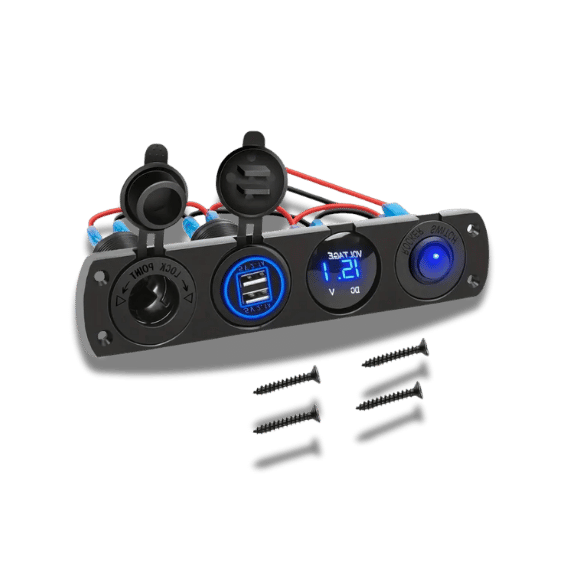 4-in-1 Aluminum Panel - Dual USB, LED Voltmeter, Cigarette Lighter, Toggle Switch