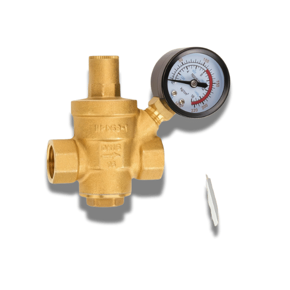 Brass Water Pressure Reducer: 1/2" With Built-In Gauge