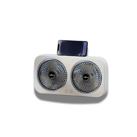 Portable Dual-Head Usb rechargeable Fan: 3 Speeds, adjustable fans. Hang, stand or affix.