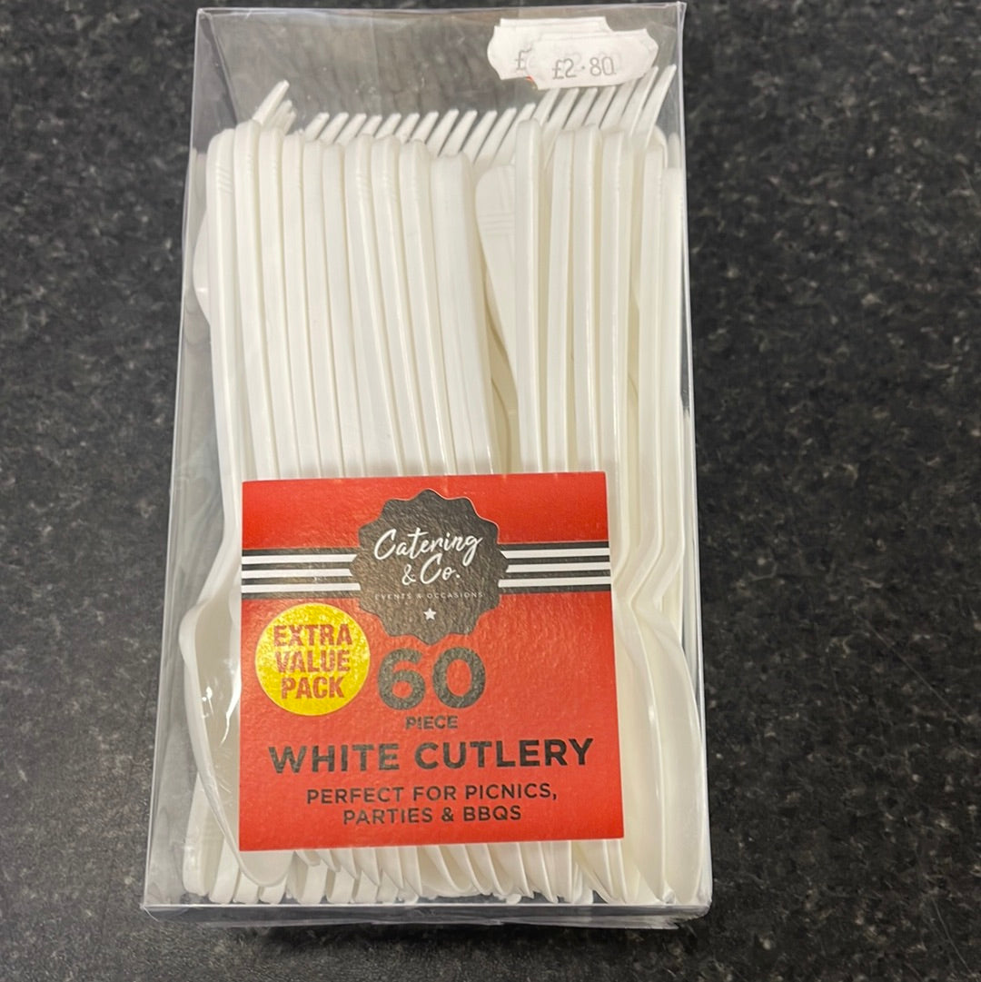 60 Piece White Cutlery set for Bbq.