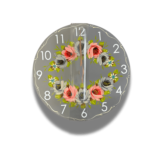 Decorative Clock Wooden - Hand Painted Rose & Castle Design - Grey