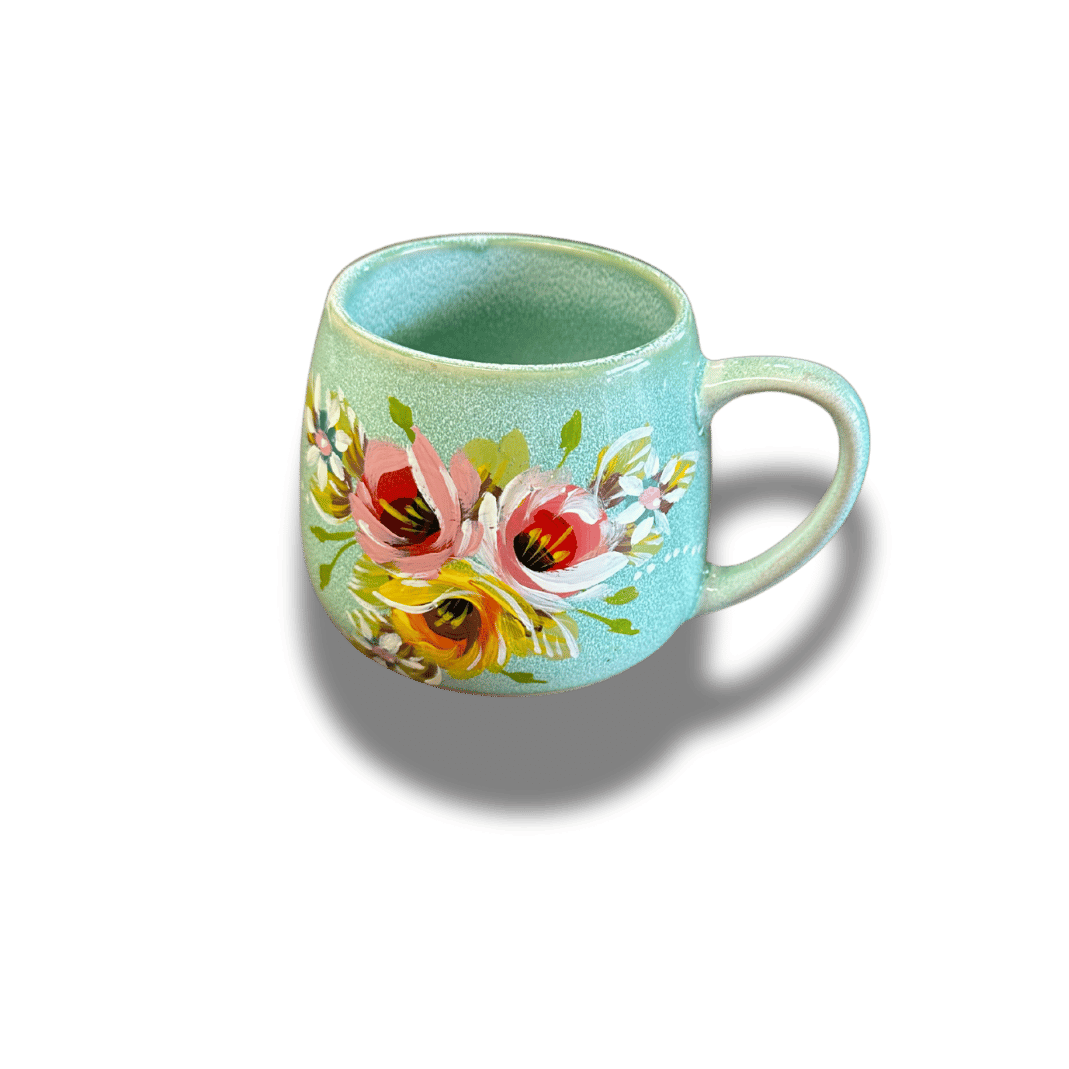 Decorative Mugs- Hand Painted Rose & Castle Design - Light Green