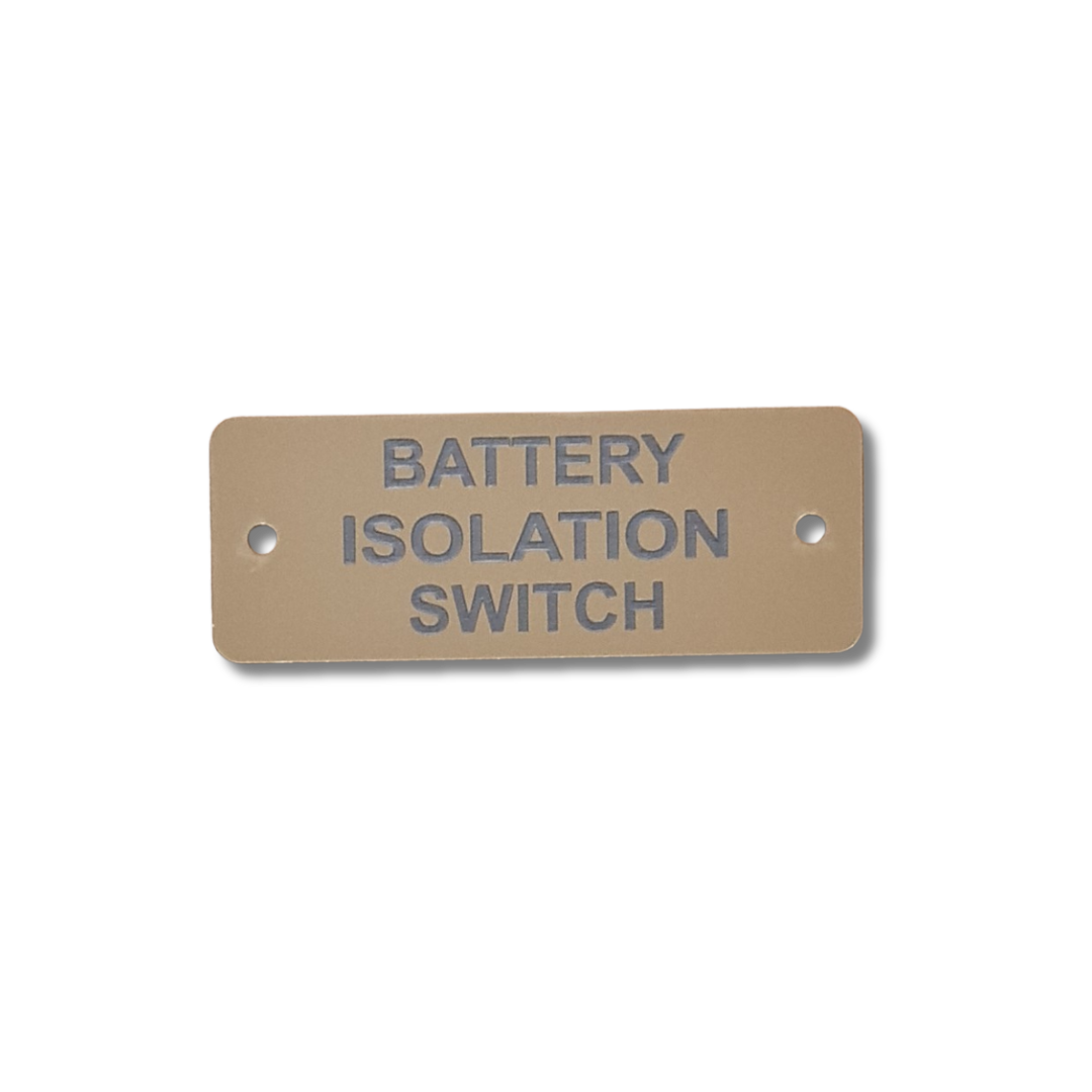 Battery Isolation Switch Label - Gold with Black Engraving -  105mm x 40mm