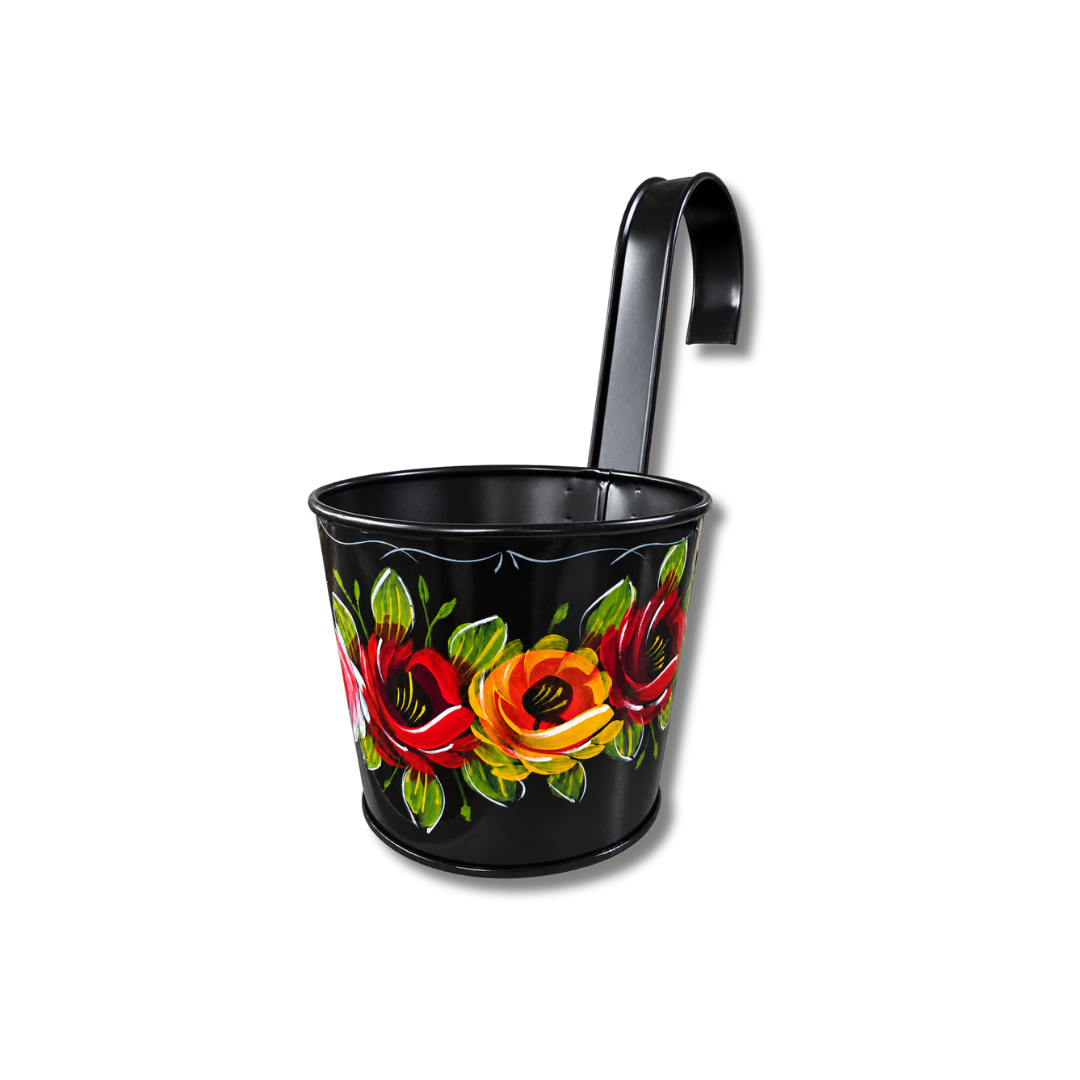 Rambling Rose Decorative Hand Painted Metal Hanging Hook Planter - Black