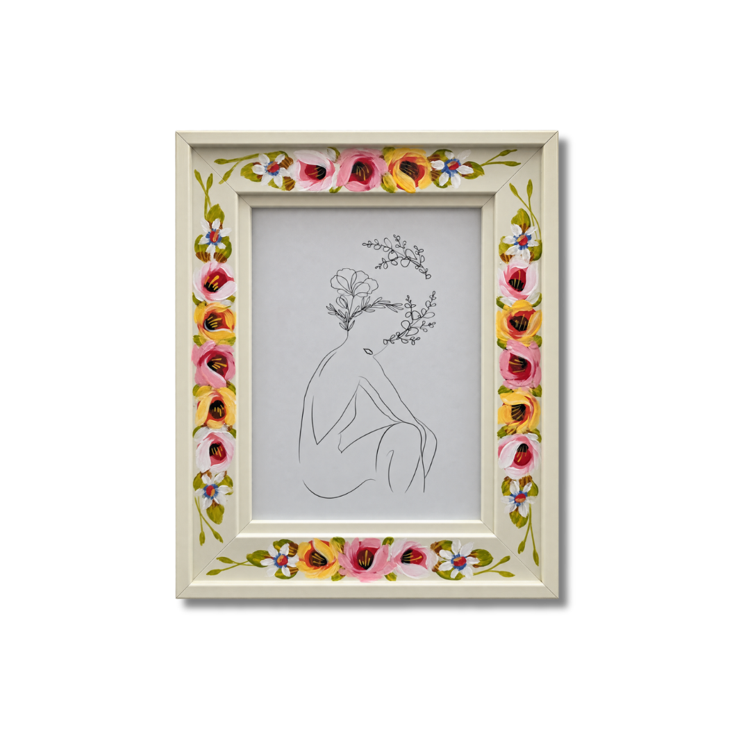 Rambling Rose Hand Painted Decorative Small Wood Photo Frame - Cream