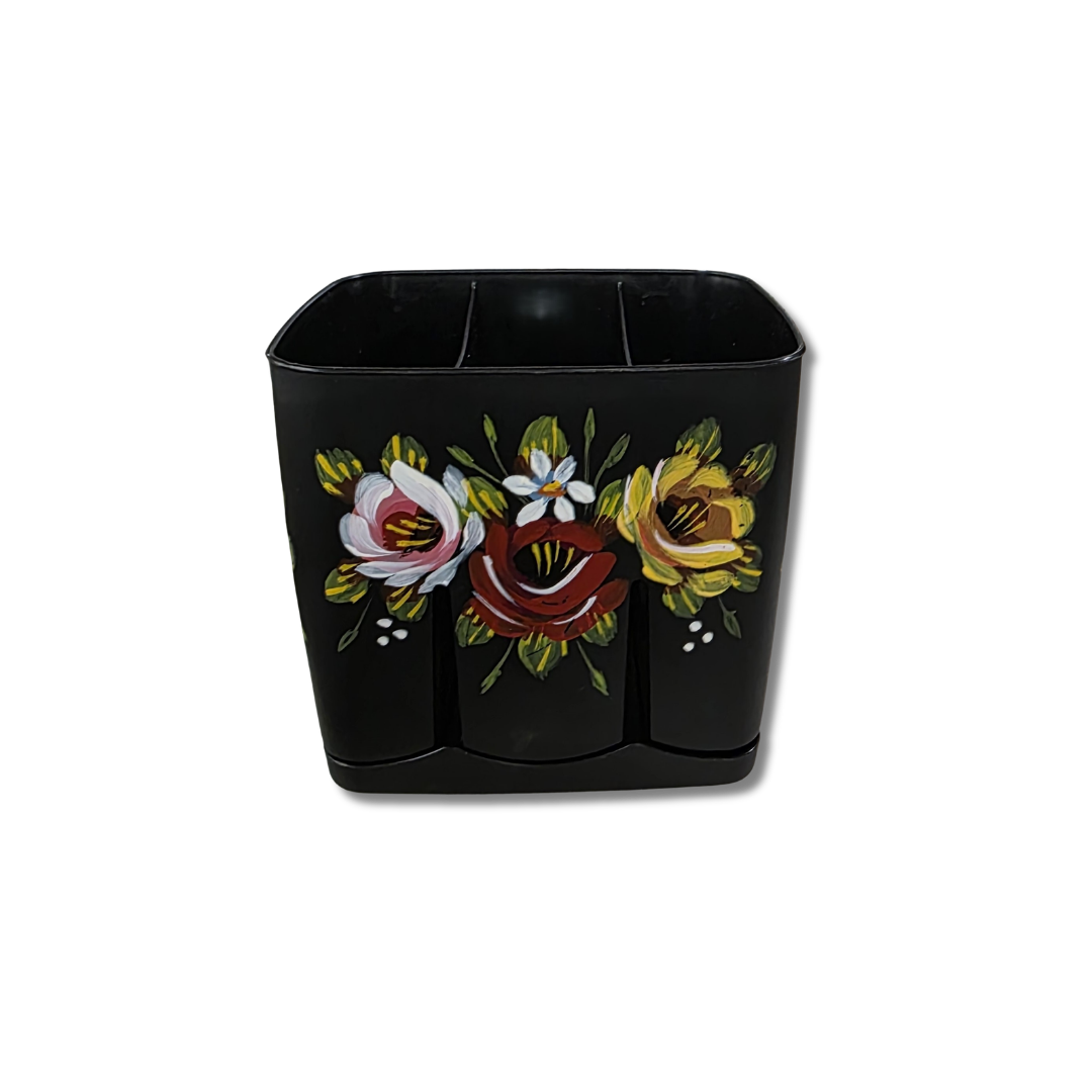 Rambling Rose Hand Painted Plastic Sink Caddy - Black
