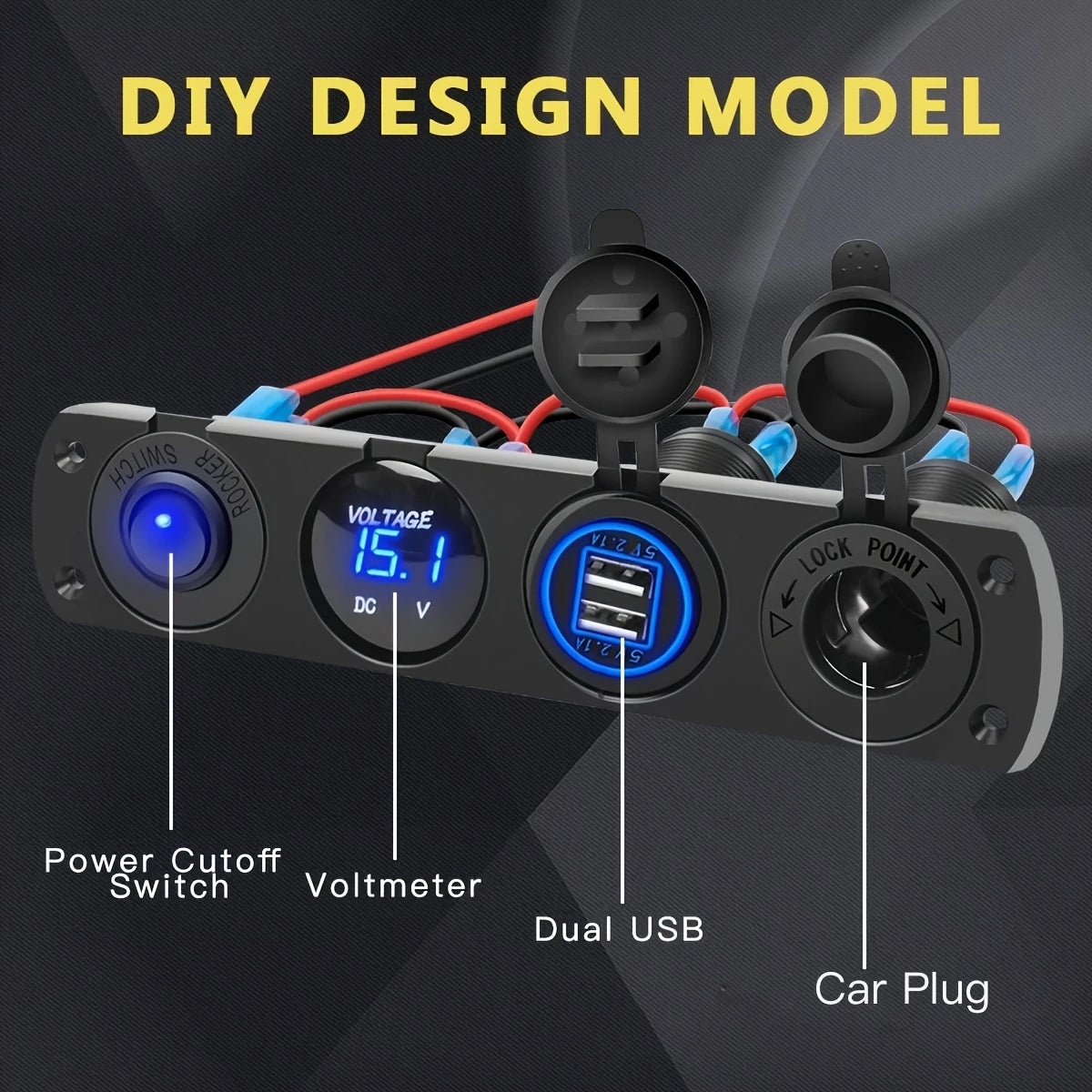 4-in-1 Charger Socket Panel - PD Type C, QC 3.0, LED Voltmeter